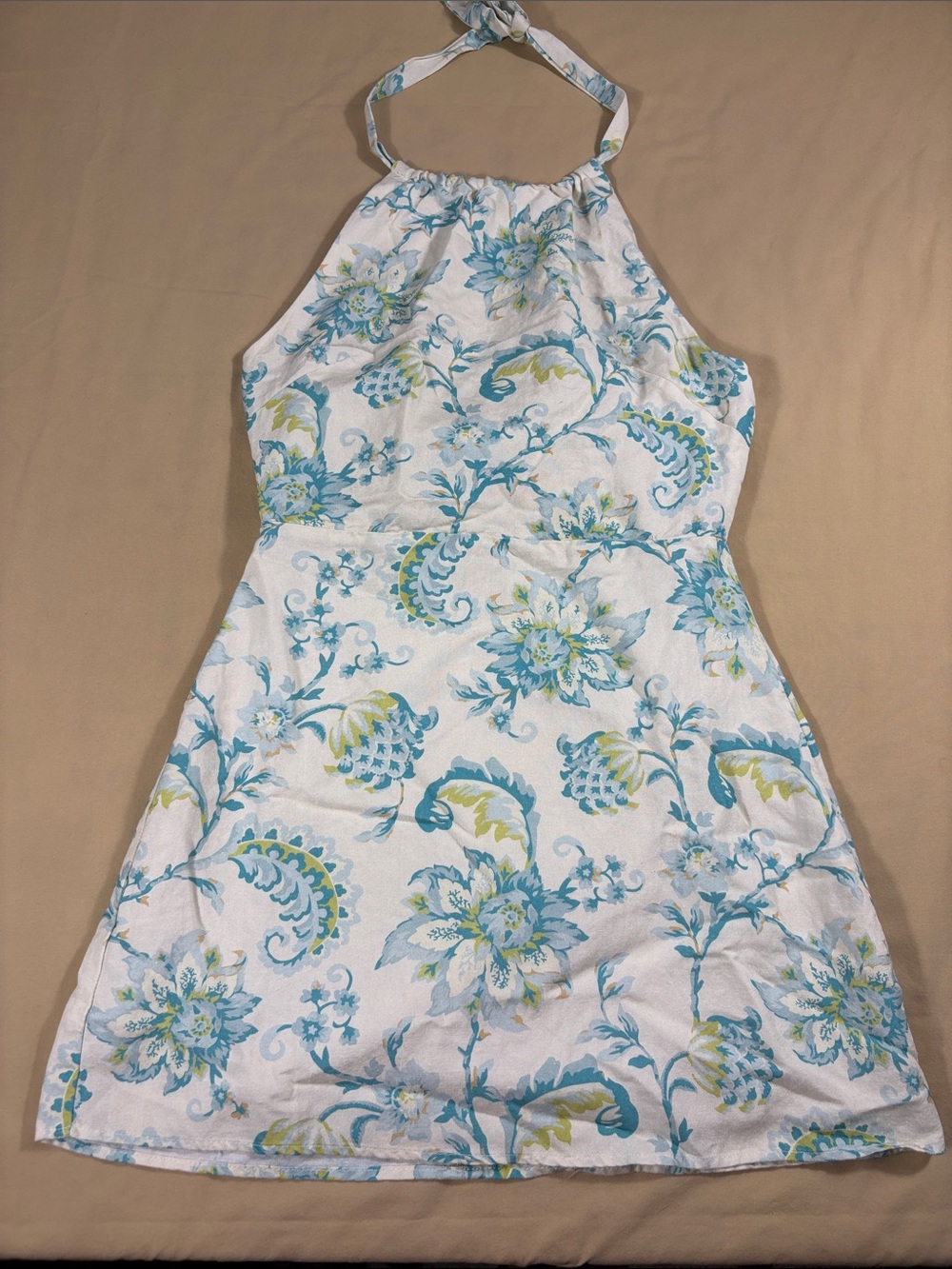 Rhythm Cairo Halter Neck Mini Dress Blue White Floral Linen Blend Sundress S NWT